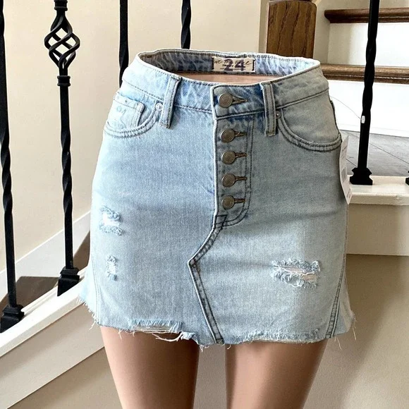 NWT Free People Distressed Button Fly Denim Skirt OB789272 - JJ0367 - Picture 3 of 11